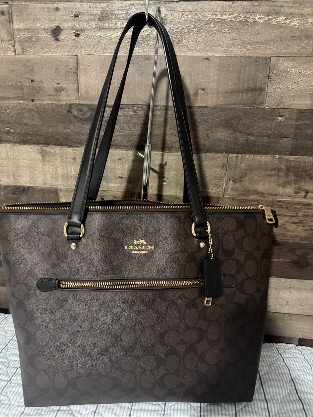 Coach Brown Signature Canvas Tote with Black Handles and Gold Hardware